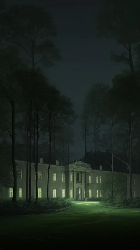 Mental hospital exterior with garden in a forest at night