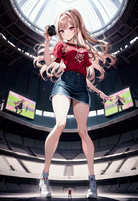 arafed woman in a red shirt and denim skirt holding a camera at stadium, casual pose, shooting pose, highly detailed giantess shot, full body, official artwork, lalisa manoban of blackpink, anime style 