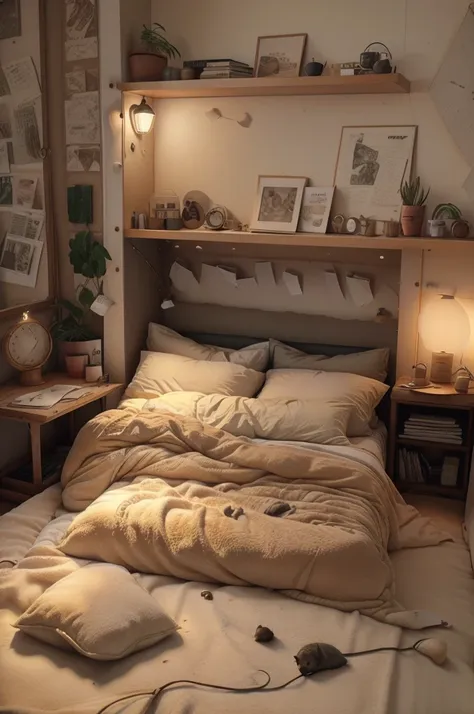 A bedroom that has a cozy and intimate atmosphere, perfect for relaxation and sleep. The room features a large window that overlooks a rainy cityscape, providing a moody and calming backdrop. The bed is covered with soft blankets and pillows, and a cat is ...