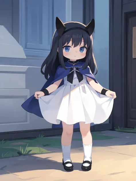 a cartoon image of a girl in a blue cape and white dress, an anime drawing by Jin Homura, pixiv, anime style like fate/stay night, black hair, goat horns, standing, full body