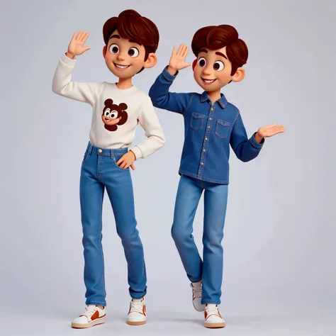 cute young man, standing, brown hair and eyes, waving with one hand, smiling, shirt in color #00d6bd, long sleeves rolled up, jeans, white sneakers, infinite background, cartoon, animation, disney pixar style