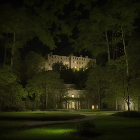 Mental hospital exterior with garden in a forest at night