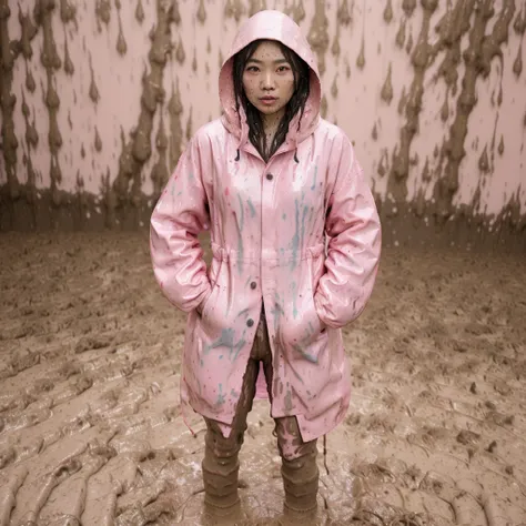 asian lady, cute pose, ((pink buttoned up raincoat)), ((wearing raincoat hood)), tall pink rain boots, ((((muddy splatters)))), ((mud dripping down raincoat)),  intricate details, highly detailed, masterpiece, 8k, photorealistic, cinematic lighting, vibran...