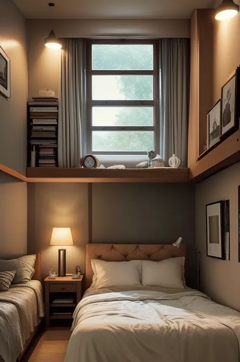 A bedroom that has a cozy and intimate atmosphere, perfect for relaxation and sleep. The room features a large window that overlooks a rainy cityscape, providing a moody and calming backdrop. The bed is covered with soft blankets and pillows, and a cat is ...