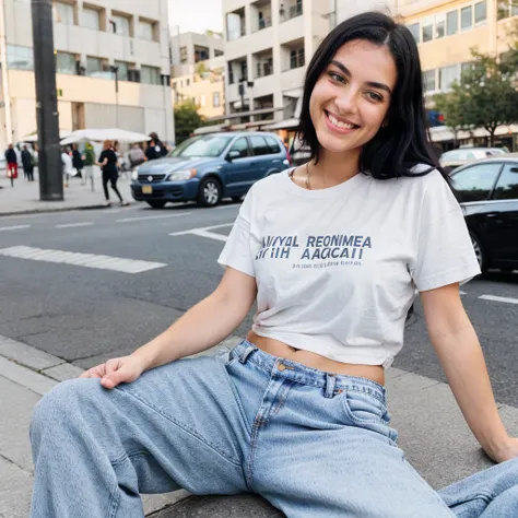 A hyper realistic image of a beautiful young Caucasian woman sitting with  round face, black hair, smiling. She is wearing a plain (baggy) t-shirt and jeans. In street. (Modest dressing) properly dressed. (((Number of persons:1)))