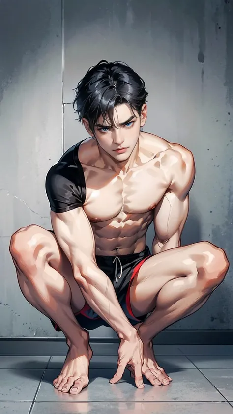 Black-haired Chico,  Blue eyes, serious and seductive look, muscular, hot and sexy sweaty body, shirtless,wearing short red shorts, barefoot, crouched on the floor 