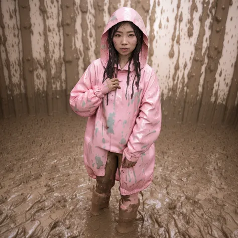 asian lady, cute pose, ((pink buttoned up raincoat)), ((wearing raincoat hood)), tall pink rain boots, ((((muddy splatters)))), ...