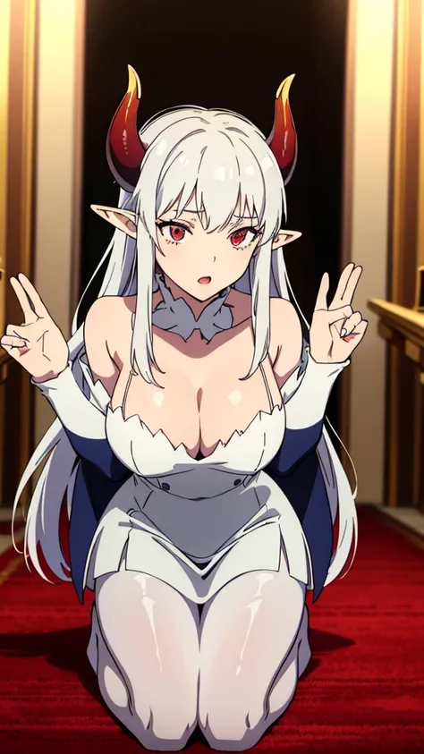 1girl,20s,solo,white short dress,white hair,long hair,elf ears,horns,white pantyhose,cleavage,red eyes,((kneeling, on the carpet od a palace)),sing,