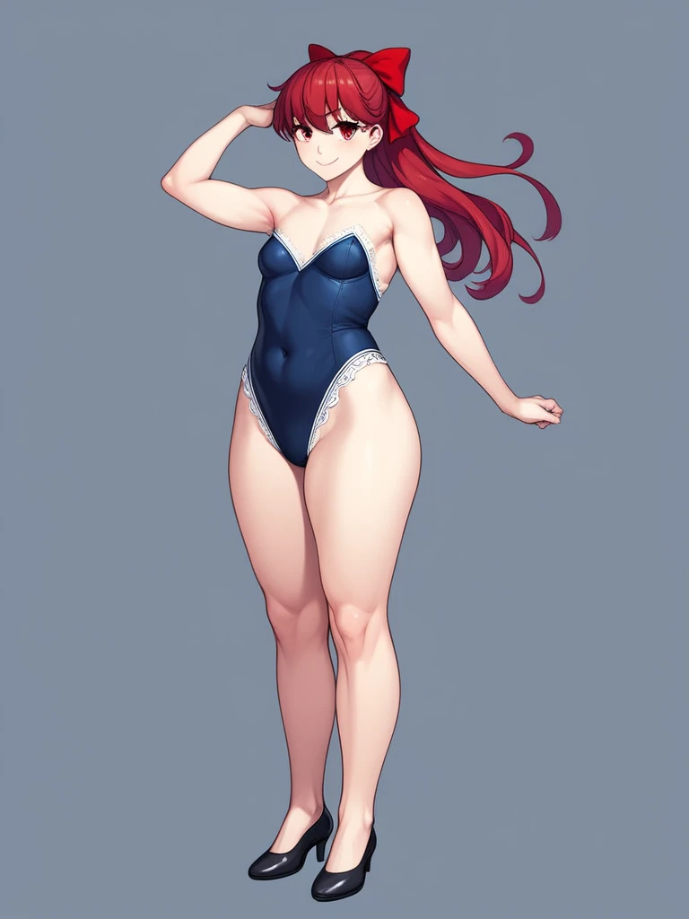 ((mature)), Kasumi Yoshizawa has become a mature woman, Realistic denim texture, chubby upper body but small breasts, dskasumi, red hair, long hair, ponytail, red eyes, hair bow, 1girl, solo, ((height 150cm)), ((leotard)), ((lace leotard)), thick thighs, B...