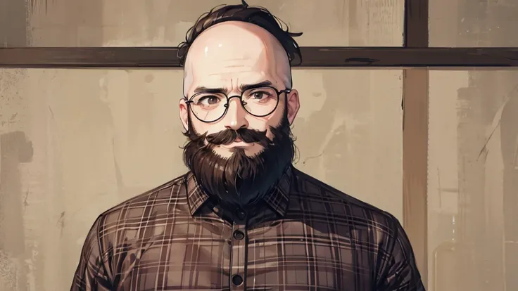 alan dos santos, bald man with beard and mustache,round glasses,checkered shirt,eyes browns