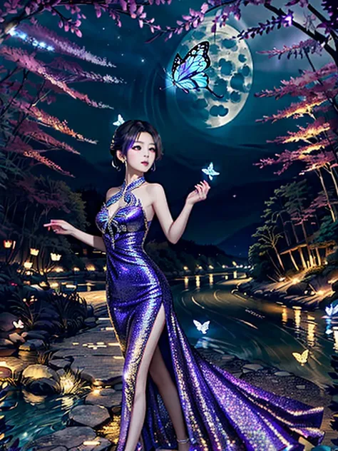 high quality photo,right lips and eye's, (not any mistakes) beautiful shinobu kocho, wearing glittering purple short party dress...