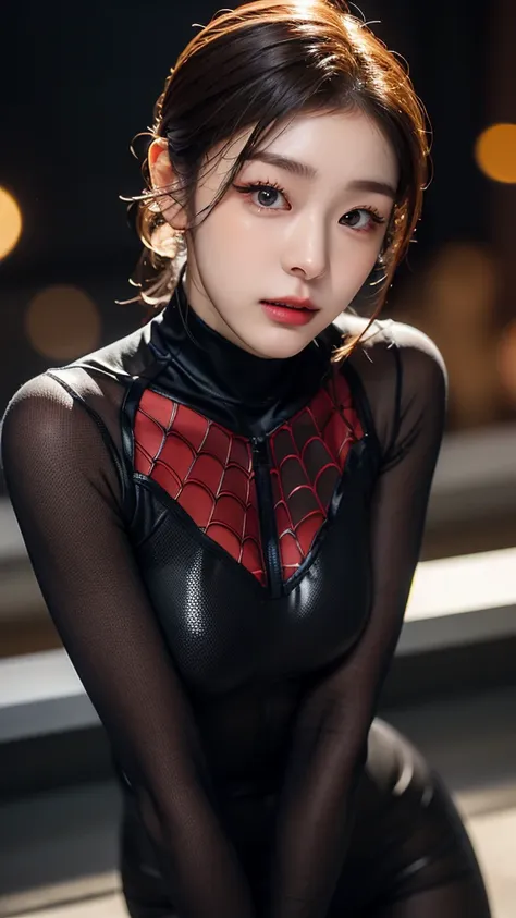 tmasterpiece,1 korean girl，realisticlying，8k  uhd，high high quality，in the background bokeh, spider-man black suit，spidey，clothe...