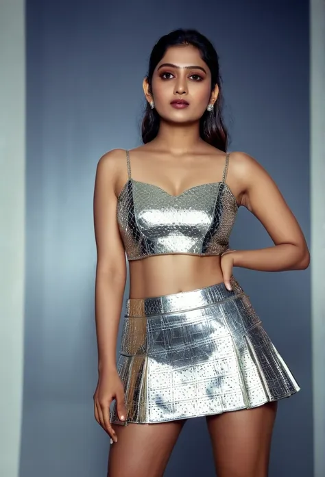 indian model, 35 years old,fashion, close up,silver mini skirt, masterpiece, (((high detailed))), cinematic light