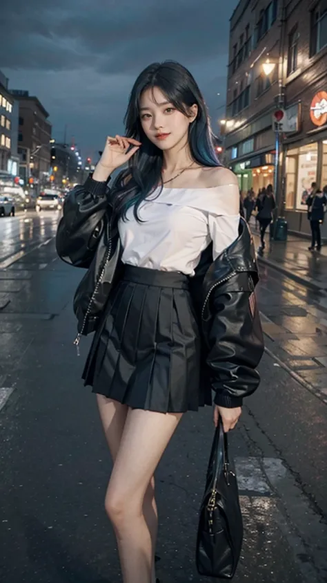 1girl, black_skirt, blue_hair, building, city, cityscape, hair_between_eyes, jacket, looking_at_viewer, medium_hair, multicolored_hair, multiple_boys, night, off_shoulder, outdoors, pleated_skirt, road, shirt, skirt, skyscraper, smile, solo_focus, street, ...