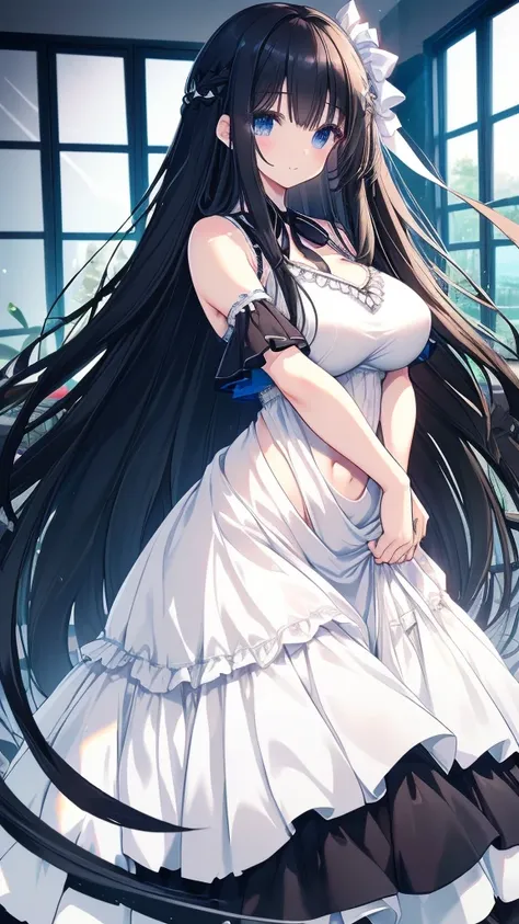 best quality, extremely detailed,anime style girl,long hair down to the waist, straight hair, ((dark black hair with bluish)),braid,beautiful detailed eyes, pinched eyes, (dark blue eyes),huge breasts,curvy,((((white mysterious swim dress)))),big ribbon,ha...