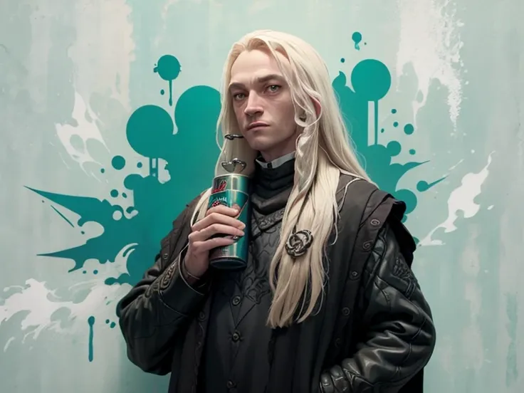 lucius malfoy with a can of spray paint in his hand draws graffiti on the wall of hogwarts