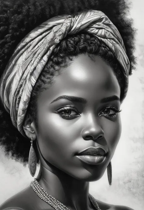 sketching，character sketch，Black and white painting,Sharpen, intaglio, closeup cleavage, Best quality, Ultra-detailed, Photorealistic 1.4, Super detailed skin, Natural hair color, (1 African woman), 22 years old，(Solo),traditional garb