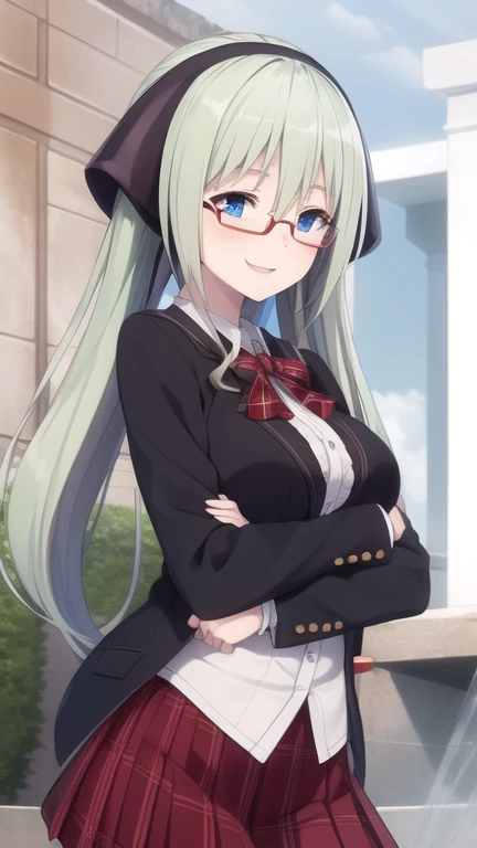 (masterpiece, best quality:1.2),illustration,8k,hd,1girl,solo,cowboy shot,very long hair,smile,fringe,blazer,blonde hair,blue eyes,breasts,plaid skirt,pleated skirt,red skirt,glasses,,hair between eyes,glasses on head,twintails,