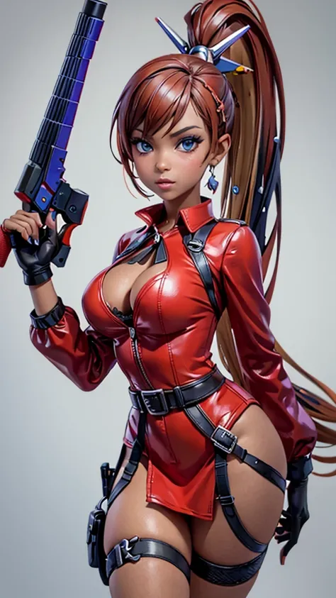 woman in a red dress and gloves holding a gun, Jet from Valorant, fortnite character, Fortnite skin, red uniform, Fushiy leather, Dominant red color, katana zero video game character, red skin, bright fuchsia skin, as a fortnite character, smooth Fushiy le...