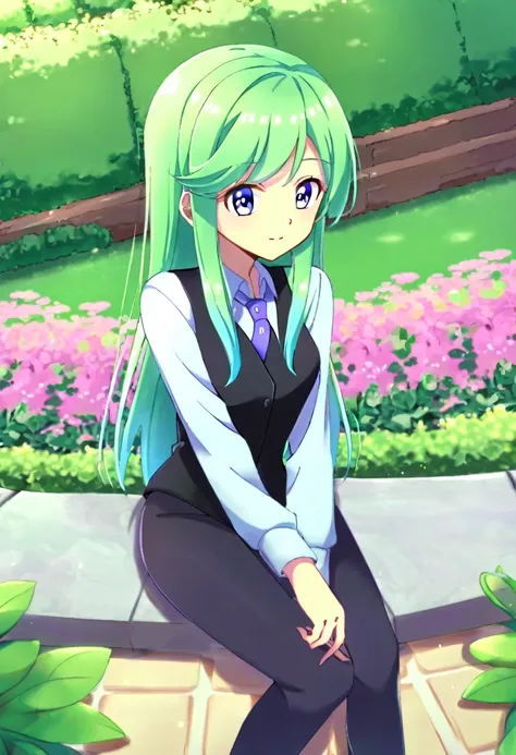 an 18 year old girl, long lime green hair with blue ombre, turquoise eyes, light green skin, ((Equestria girls), ((White shirt)), ((black vest with small planet print)), ((Black pants)), ((sitting in a garden)), ((Good quality)) 