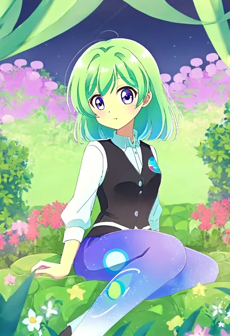 an 18 year old girl, long lime green hair with blue ombre, turquoise eyes, light green skin, ((equestria girls), ((white shirt))...