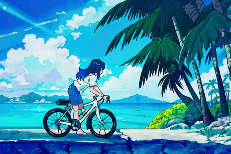 a woman riding a cruiser bicycle on a paved road next to a hawaiian beach in the morning, wearing an oversized white t-shirt and...