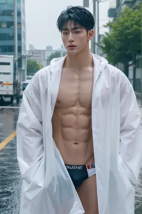 (best quality:1.4), (ultra highres:1.2), (photorealistic:1.4), (8k, RAW photo:1.2), Realistic handsome Japanese guy, muscle, fit, 18 years old, shirtless, topless, wear white jockstrap, bedroom, wet body, outdoor, raincoat, rain day, rain, on street in the...