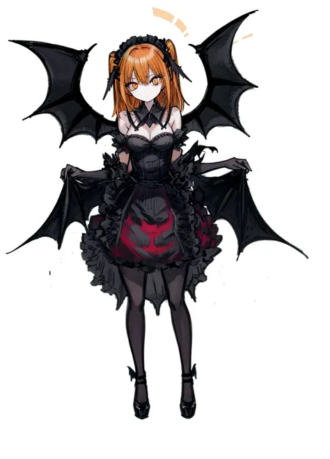 1girl, orange eyes, yellow-orange hair, succubus, maid, bat wings, beautiful clothes , (high resolution, high detail, best quality) , medium breasts, calm