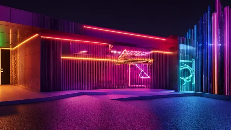 front wall of a nightclub, hidden door, uhd, ultra rendered, high detail, neon, perfectly rendered, funny, exaggerated, hidden b...