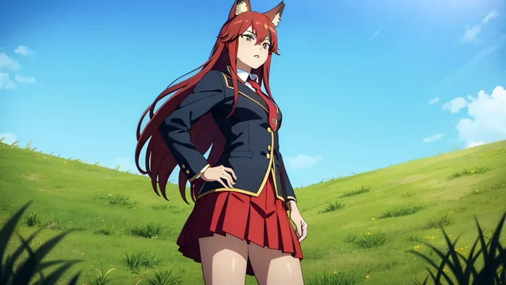 1girl ,20s,mature female,:o,(red hair),long hair,fox ears,(grass,blue sky,),necktie,black jacket, blazer,long sleeves,pleated skirt,from below