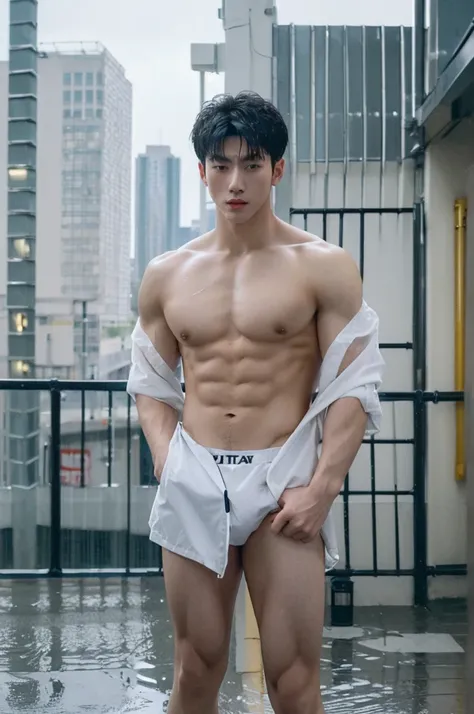 (best quality:1.4), (ultra highres:1.2), (photorealistic:1.4), (8k, RAW photo:1.2), Realistic handsome Japanese guy, muscle, fit, 18 years old, shirtless, topless, wear jockstrap, bedroom, wet body, raincoat, rain day, rain, on street in the city