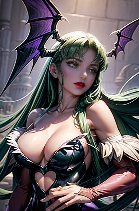 maximum quality、Masterpiece artwork、超High resolution、(Photorealistic:1.4)、1 girl、Bright green long hair、slickedback hair, shiny and clean hair、, black bat wing with purple membrane on the back, black bat wing with purple membrane on head, White and glowing...