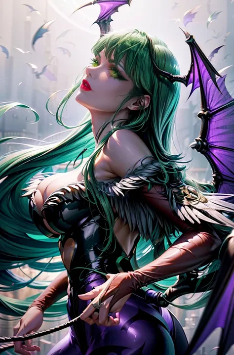 maximum quality、Masterpiece artwork、超High resolution、(Photorealistic:1.4)、1 girl、Bright green long hair、slickedback hair, shiny and clean hair、, black bat wing with purple membrane on the back, black bat wing with purple membrane on head, White and glowing...