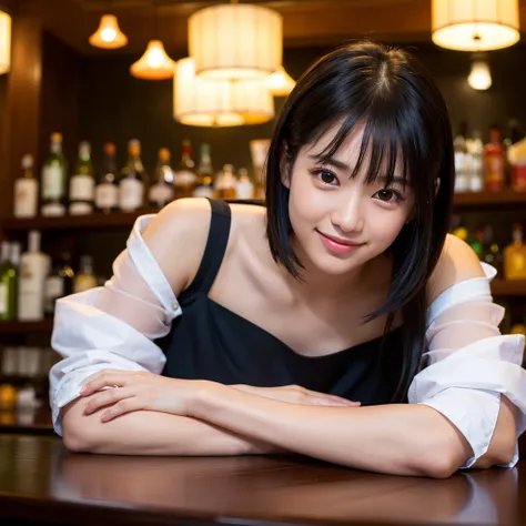 One girl, 18-year-old, The most famous Japanese idols, At the hotel bar, Highest quality, masterpiece, Ultra-high resolution, (Realistic:1.4), Raw photo, (Very cute face like the most popular Japanese idol, ((Very beautiful big black eyes)), Very beautiful...