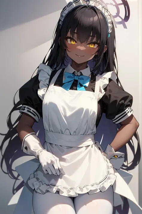 karindef, ((yellow eyes:1.2)), (black hair:1.5),  very long hair, halo, dark skin, 
(((maid,maid apron, frilled apron, apron, maid headdress, white gloves, puffy short sleeves,  blue bowtie, white legwear, ))),(maid:1.3)
1girl, solo, 
looking at viewer, na...