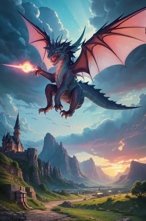 A pastel-style, chibi anime illustration of a Western dragon breathing fire. The dragon is depicted with large, cute wings, sharp claws, and a small, round, spiked tail. It has a fierce yet whimsical expression, with vibrant flames coming out of its mouth....