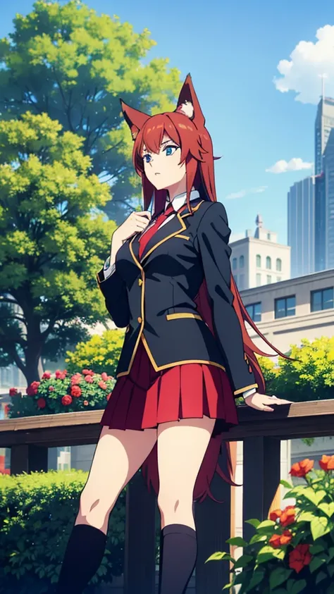 1girl ,20s,mature female,:o,(red hair),long hair,fox ears,(garden,blue sky,city),necktie,black jacket, blazer,long sleeves,pleated skirt,from below