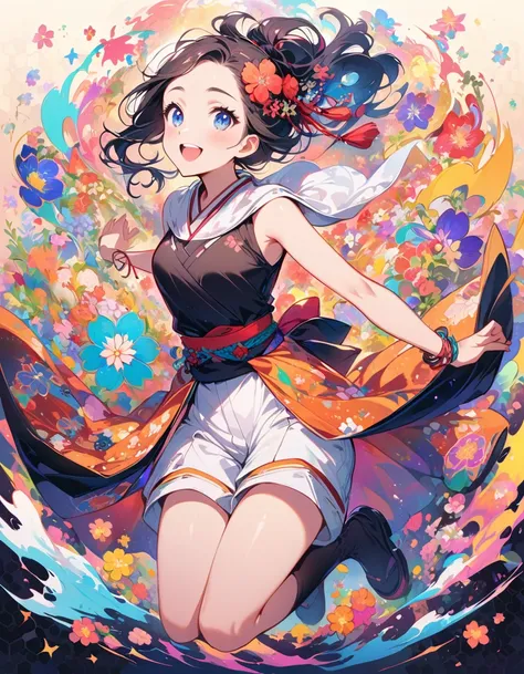 dynamic dancing moves with full of energy and movement, jumping high, full body portrait, happy expression, Japanese festival, with lively action poses, Positive Space, asymmetry, dynamic angle, A detailed illustration of an anime girl with blue eyes weari...