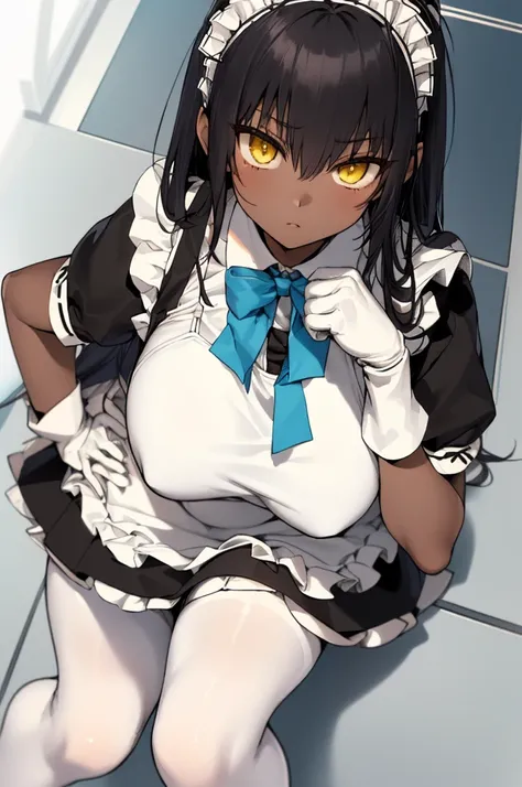 karindef, ((yellow eyes:1.2)), (black hair:1.5),  very long hair, halo, dark skin, 
(((maid,maid apron, frilled apron, apron, maid headdress, white gloves, puffy short sleeves,  blue bowtie, white legwear, ))),(maid:1.3)
1girl, solo, 
looking at viewer, ex...