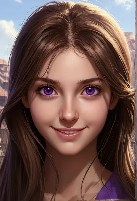 Jeune fille de 25 ans, Long brown hair purple eyes,  ssmile, spider, foudre, head of&#39;artwork, High quality