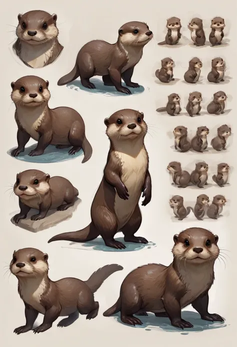 character design sheet by Yliade, best quality, masterpiece, Representative work, official art, Professional, Ultra intricate detailed, 8k, cute otter animal 