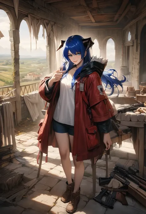 (woman), ((Mostima from arknights)), masterpiece, best quality, ((Blue short pony tails)), horns, medieval plain white shirt, red fullbody coat, black hood, dark blue eyes, realistic anime style, smile, gun with fingers.
