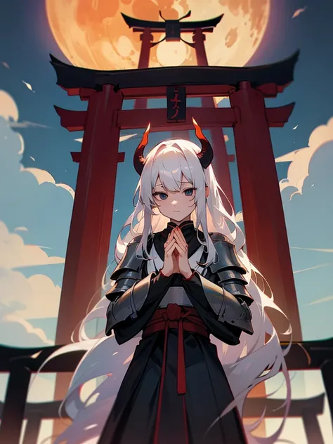 Demon, black eyes, horns, white curls, black armor, torii gate, man, full moon, hands together in prayer