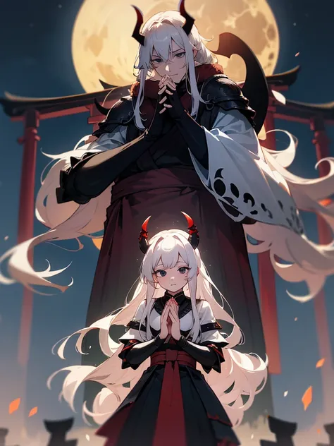 Demon, black eyes, horns, white curls, black armor, torii gate, man, full moon, hands together in prayer