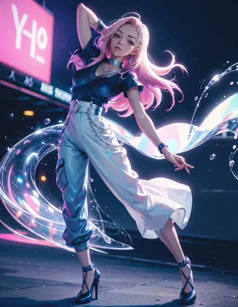 A cute anime girl performing a dynamic popping move, her body locking and popping with sharp, precise movements. Dancer wearing oversized T-shirt and baggy pants, popping dance pose, urban street style, loose-fitting clothes, vibrant colors, dynamic moveme...