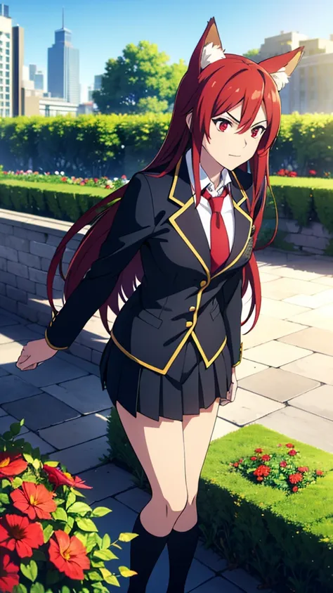 ((beautiful face)),1girl ,20s,mature female,(red hair),long hair,red eyes,fox ears,(garden,blue sky,city),serious,necktie,black jacket, blazer,long sleeves,pleated skirt,dynamic angle