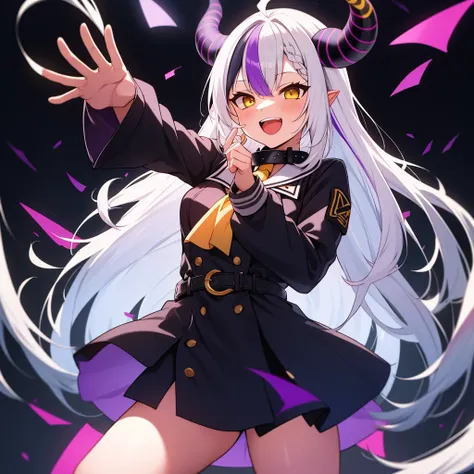 2d, masterpiece, best quality, anime, highly detailed eyes, highly detailed face, cowboy shot, feet out of frame, 1 girl, solo, standing, studio background, black background, la+ darknesss, laplus, hololive, virtual youtuber, horns, (collar), yellow eyes, ...