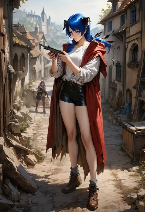 (woman), ((Mostima from arknights)), masterpiece, best quality, ((Blue short pony tails)), horns, medieval plain white shirt, red fullbody coat, dark blue eyes, realistic anime style, smile, making a gun with hands, black shorts.
