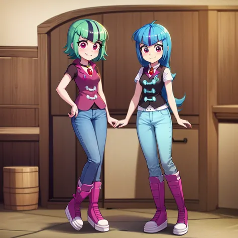 high quality, 1 girl, 18 years, lime green hair with blue ombre, linda, denim pants, short vest, blue high boots, shirt, hand on waist, my Little pony equestrias girls. 