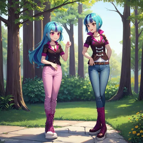 high quality, 1 girl, 18 years, lime green hair with blue ombre, linda, denim pants, short vest, blue high boots, shirt, hand on waist, my Little pony equestrias girls. 